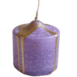 Hand Dipped Candle 3" Israel Short Pillar Tone on Tone Purple Gold Unscented